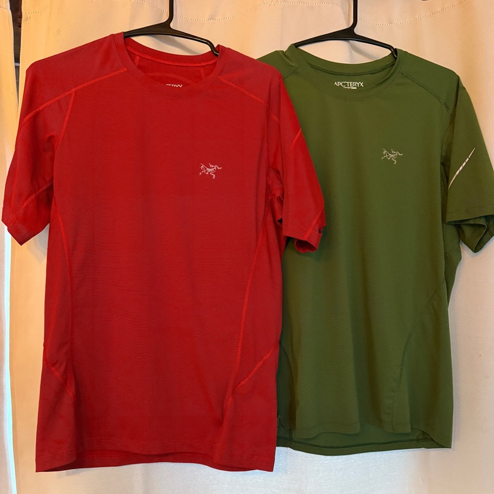Arc’Teryx Modus 2 SS Crew Shirts One Red, One Green, Both Size S